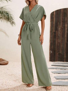 SHEIN LUNE جمبسوت موحدة اللون حزام ساق عريضة بتفاصيل مطوي