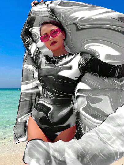 Swim Shayni بدلة سباحة بطبعة كاملة مع تنورة للشاطئ ، ملابس عربية للصيف