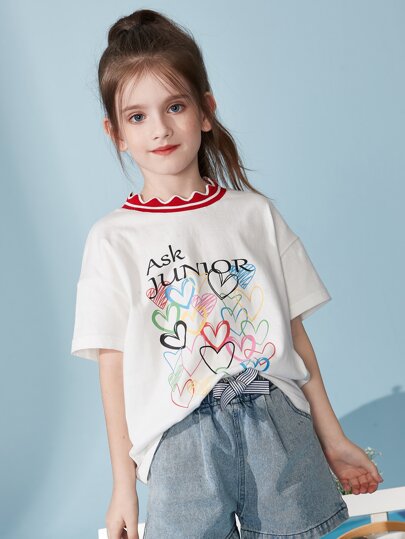 ملابس بناتي ASK JUNIOR تي شيرت أكمام قصيرة كاجوال مع طباعة حروف الحب للبنات المراهقات