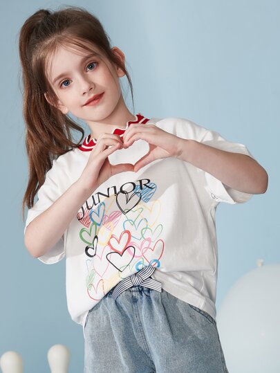 ملابس بناتي ASK JUNIOR تي شيرت أكمام قصيرة كاجوال مع طباعة حروف الحب للبنات المراهقات