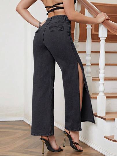 SHEIN Essnce بنطلون جينز موحدة اللون فتحة للفخذ