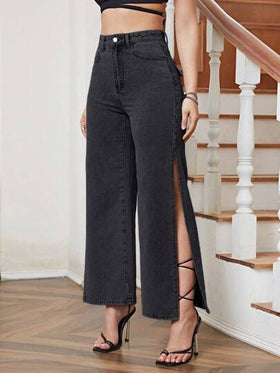 SHEIN Essnce بنطلون جينز موحدة اللون فتحة للفخذ
