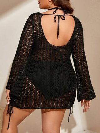 Swim Lushoire فستان غطاء صيفي مربوط للنساء ذوات الحجم الكبير بلون أحادي، فضفاض وجذاب مع تفريغات