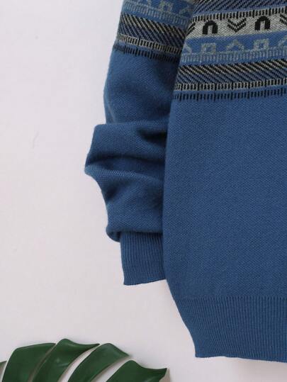 SHEIN كنزة صوف نمط هندسي ألوان متباينة سستة ربع ولد طفل