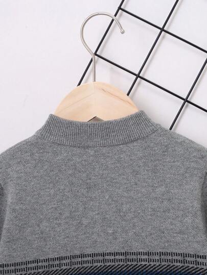 SHEIN كنزة صوف نمط هندسي ألوان متباينة سستة ربع ولد طفل