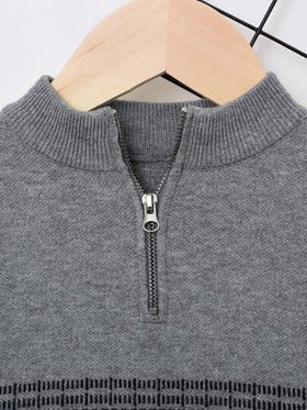SHEIN كنزة صوف نمط هندسي ألوان متباينة سستة ربع ولد طفل