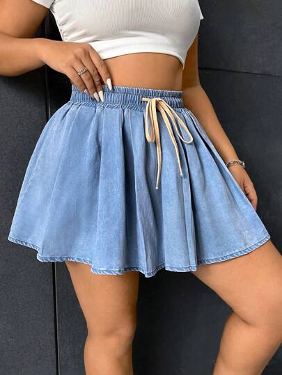 EZwear تنورة دنيم رباط خصر مظلة مقاس كبير