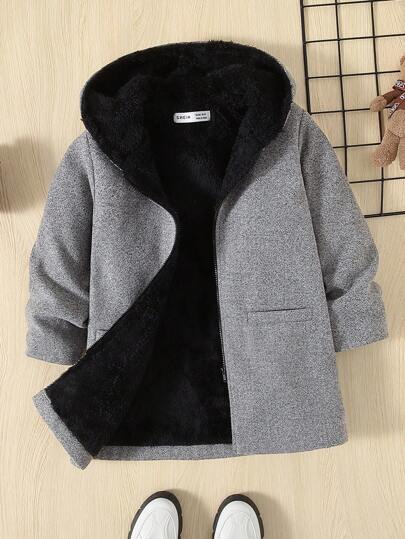 SHEIN معطف شتوي سميك مبطن بالحرارة مع طوق كابوشون للأولاد الصغار، مريح وعملي مناسب للشتاء والخريف