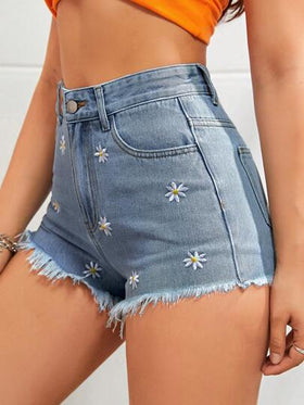 Jeanoix شورت دنيم مطرز بأزهار حافة خام