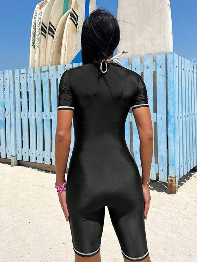 Swim SPRTY ملابس سباحة قطعة واحدة شريط متباين سحاب امامي