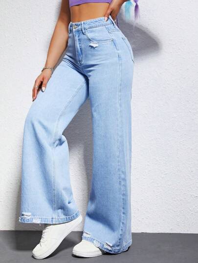 SHEIN EZwear بنطلون جينز بساق عريض ممزق خصر عالي