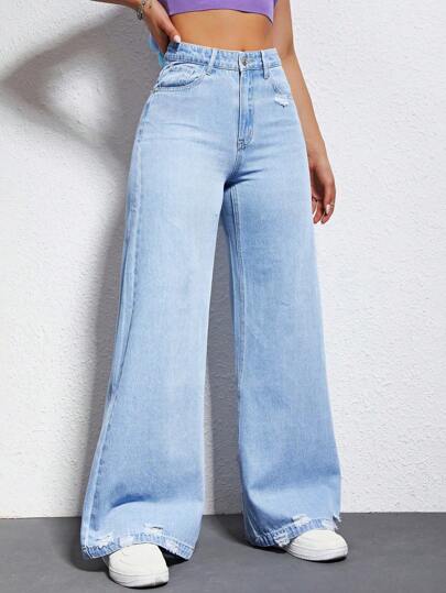 SHEIN EZwear بنطلون جينز بساق عريض ممزق خصر عالي