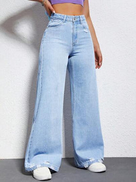 SHEIN EZwear بنطلون جينز بساق عريض ممزق خصر عالي