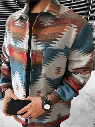 Manfinity Homme قميص جيب ملون بطبعة هندسية للعطلات، للزوج، خريف