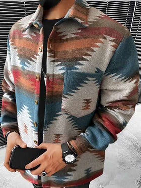 Manfinity Homme قميص طويل الأكمام للرجال مزخرف بطبعات هندسية مع جيب مرقع، ألوان متنوعة مناسب للعطلات، للزوج، خريف