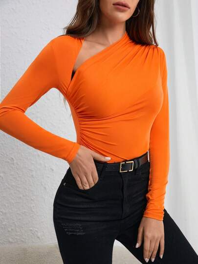 COSMINA تي شيرت نسائية غير متساوي او غير متماثل الثنية الصاف كاجوال