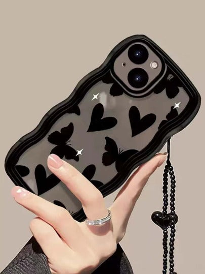 قضية الهاتف متوافقة مع iPhone 11 12 13 14 11 Pro Max 12 Pro Max 13 Pro Max 14 Pro Max XR 15 15 PRO 15 PRO بقلب أسود شفاف على شكل موجة كبيرة وفراشة لعيد الحب
