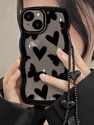 قضية الهاتف متوافقة مع iPhone 11 12 13 14 11 Pro Max 12 Pro Max 13 Pro Max 14 Pro Max XR 15 15 PRO 15 PRO بقلب أسود شفاف على شكل موجة كبيرة وفراشة لعيد الحب