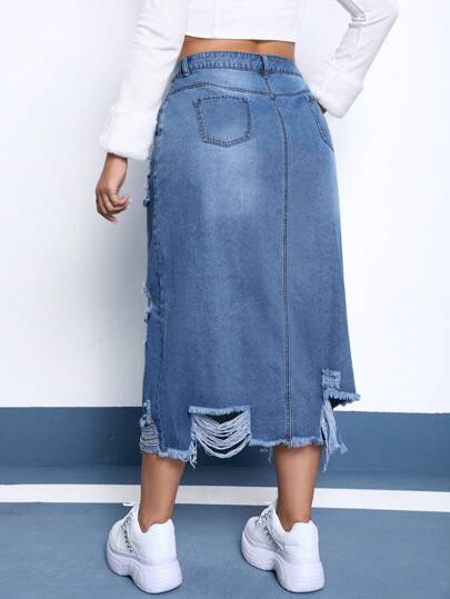 EZwear تنورة دنيم ممزق قص خام فتحة للفخذ مقاس كبير