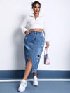 EZwear تنورة دنيم ممزق قص خام فتحة للفخذ مقاس كبير