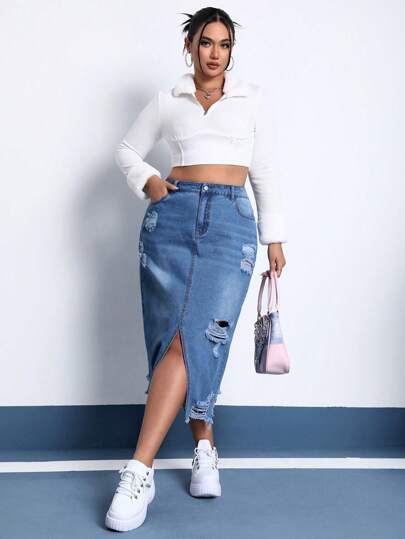 EZwear تنورة دنيم ممزق قص خام فتحة للفخذ مقاس كبير