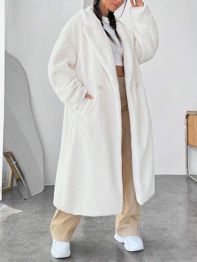 SHEIN EZwear معطف تيدي بياقة منخفضة وكتف منخفض للخريف/الشتاء
