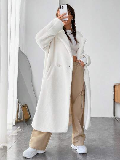 SHEIN EZwear معطف تيدي بياقة منخفضة وكتف منخفض للخريف/الشتاء