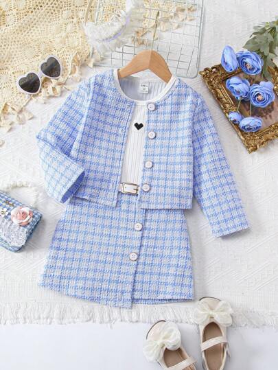 SHEIN Genkimix Kids بنت طفل طباعة مربع النقش جاكيت & تنورة & مرقع بقلب لباس علوي تانك
