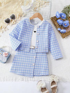 SHEIN Genkimix Kids بنت طفل طباعة مربع النقش جاكيت & تنورة & مرقع بقلب لباس علوي تانك