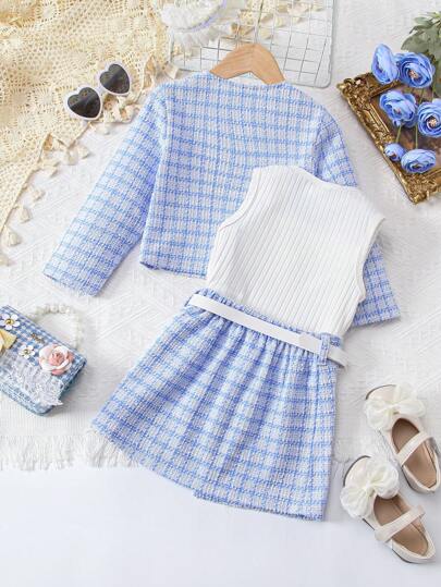 SHEIN Genkimix Kids بنت طفل طباعة مربع النقش جاكيت & تنورة & مرقع بقلب لباس علوي تانك