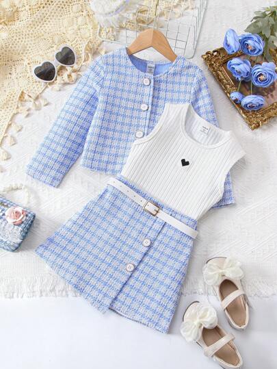 SHEIN Genkimix Kids بنت طفل طباعة مربع النقش جاكيت & تنورة & مرقع بقلب لباس علوي تانك