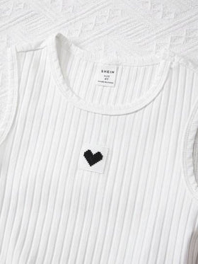 SHEIN Genkimix Kids بنت طفل طباعة مربع النقش جاكيت & تنورة & مرقع بقلب لباس علوي تانك