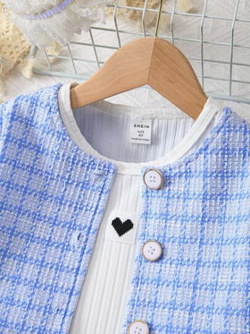 SHEIN Genkimix Kids بنت طفل طباعة مربع النقش جاكيت & تنورة & مرقع بقلب لباس علوي تانك