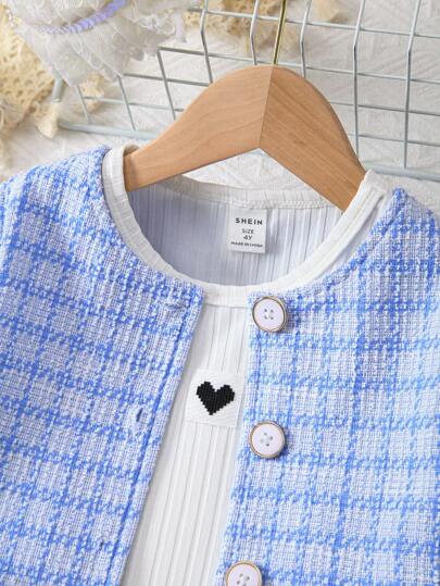 SHEIN Genkimix Kids بنت طفل طباعة مربع النقش جاكيت & تنورة & مرقع بقلب لباس علوي تانك