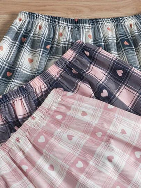 SHEIN 3قطع شورت نوم قصير بأربطة وطباعة مربعات والقلب