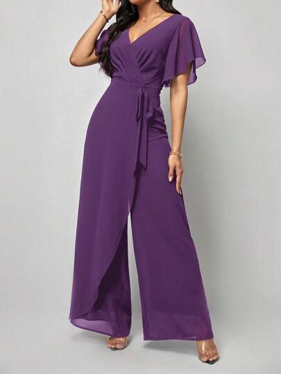 SHEIN Clasi جمبسوت اكمام فراشة بقصة ملفوفة حزام
