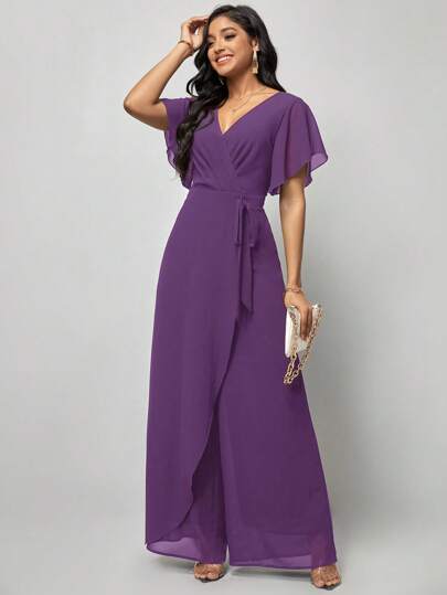 SHEIN Clasi جمبسوت اكمام فراشة بقصة ملفوفة حزام