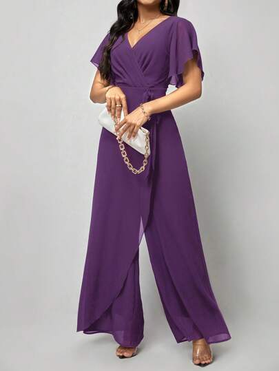 SHEIN Clasi جمبسوت اكمام فراشة بقصة ملفوفة حزام