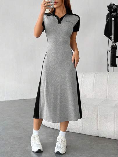 فساتين حريمي EZwear فستان بطباعة أحرف بعنق بولو