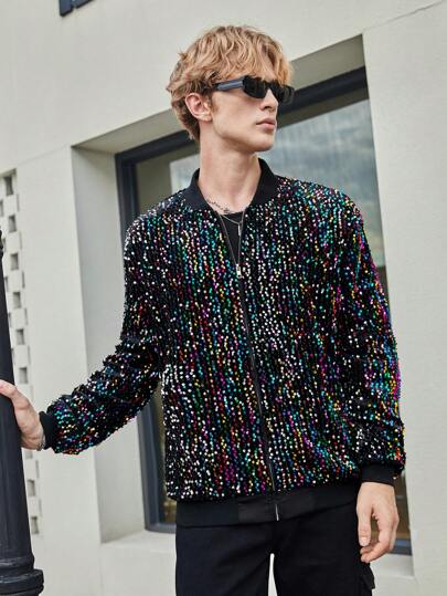 AKNOTIC Business Casual جاكيت بومبر مزينة بالترتر للرجال، جاكيت بيسبول طويلة الأكمام مزينة بالترتر للحفلات، هدايا للأصدقاء والزوج والحبيب، مناسبة للخريف والشتاء