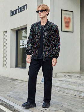 AKNOTIC Business Casual جاكيت بومبر مزينة بالترتر للرجال، جاكيت بيسبول طويلة الأكمام مزينة بالترتر للحفلات، هدايا للأصدقاء والزوج والحبيب، مناسبة للخريف والشتاء