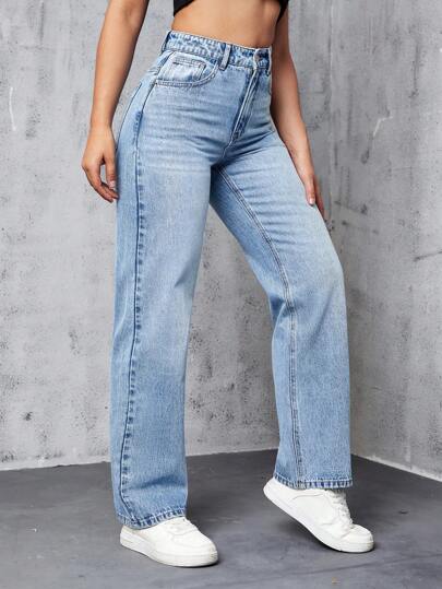 SHEIN EZwear جينز بساق مستقيم خصر عالي