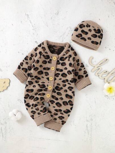 SHEIN للبنات الاطفال نمط الفهد حياكة جمبسوت & قبعة
