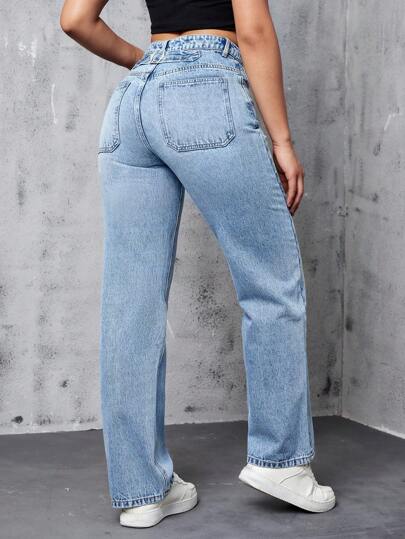 SHEIN EZwear جينز بساق مستقيم خصر عالي