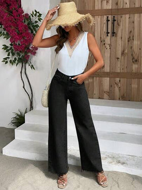SHEIN Frenchy بنطلون جينز موحدة اللون ساق عريضة