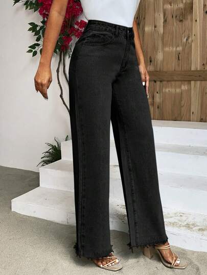 SHEIN Frenchy بنطلون جينز موحدة اللون ساق عريضة