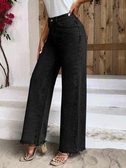 SHEIN Frenchy بنطلون جينز موحدة اللون ساق عريضة