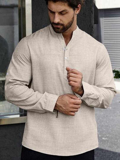 Manfinity Homme قميص رجالي بأزرار أمامية وأكمام قابلة للطي، خريف