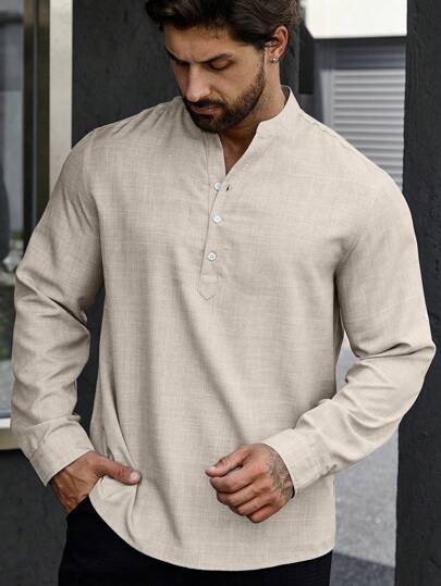 Manfinity Homme قميص رجالي بأزرار أمامية وأكمام قابلة للطي، خريف