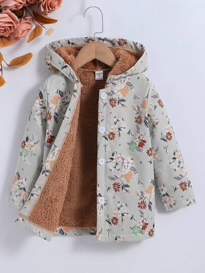 SHEIN Vintaside Kids معطف مقنع طباعة الأزهار بطباعة تيدي بنت طفل